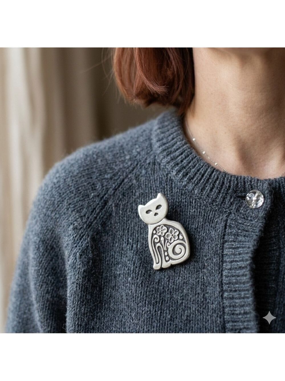 VTG Rune Tennesmed Sweden Pewter Cat Brooch Modernist Floral MCM Kitty Pin